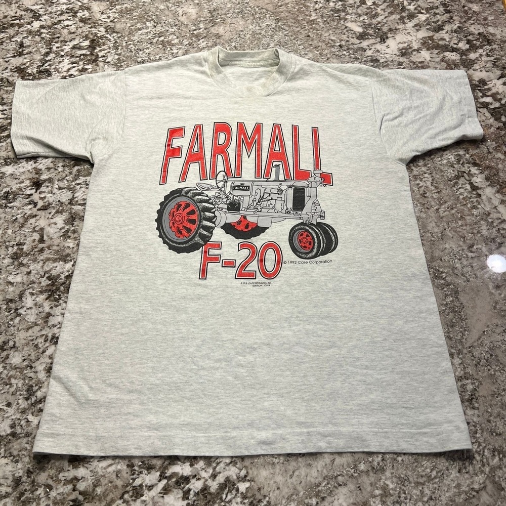 Vintage 1992 Farmall F-20 Tractor T-Shirt Grey Case Corp Graphic Size L